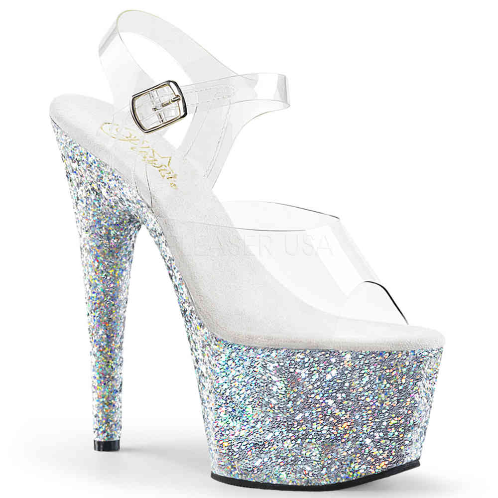 Pleaser - ADORE708LG Sandale à bride à la cheville, Pole dance chaussures - Chaussures de pole dance - Couleur argent/Transparent Product image